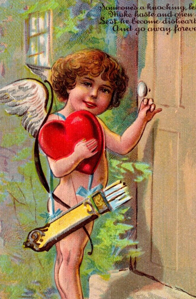 Vintage 1909 Valentine Postcard Fantasy Cupid Someone\'s A Knocking Let Him In Vintage 1909 Valentine Postcard Fantasy Cupid Someone\'s A Knocking Let Him In