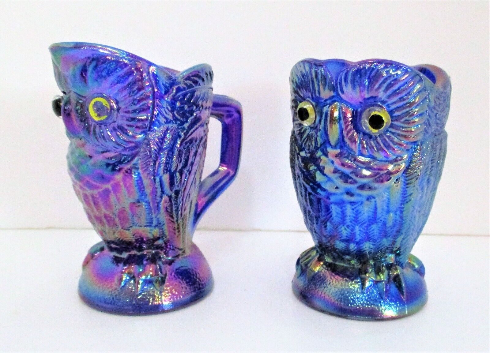 Vintage Summit Glass Iridescent Carnival Blue Mini Owl Sugar & Creamer