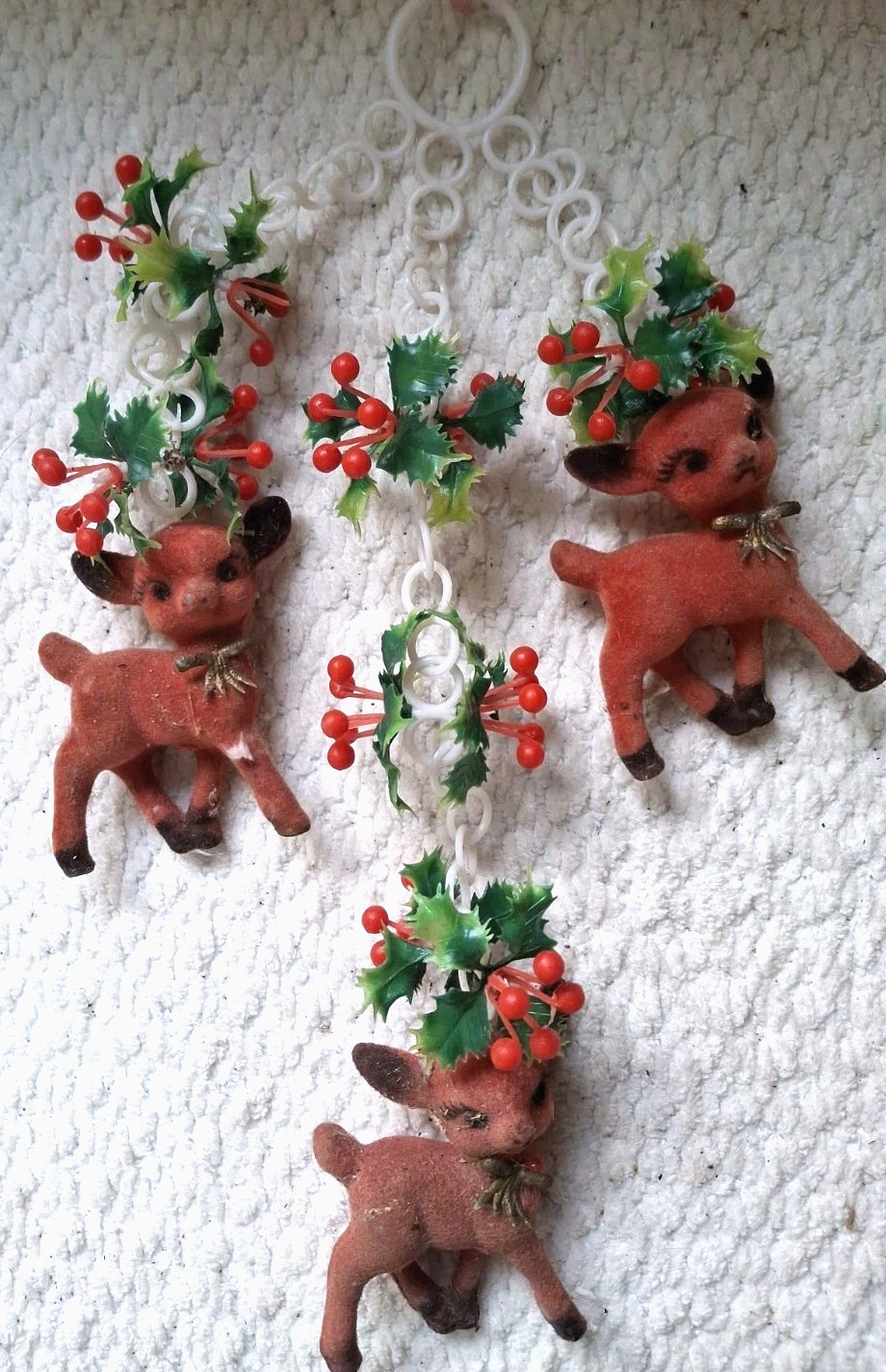 Set Of 3 Flocked Plastic Reindeer & Holly Hanging Ornament. RETRO