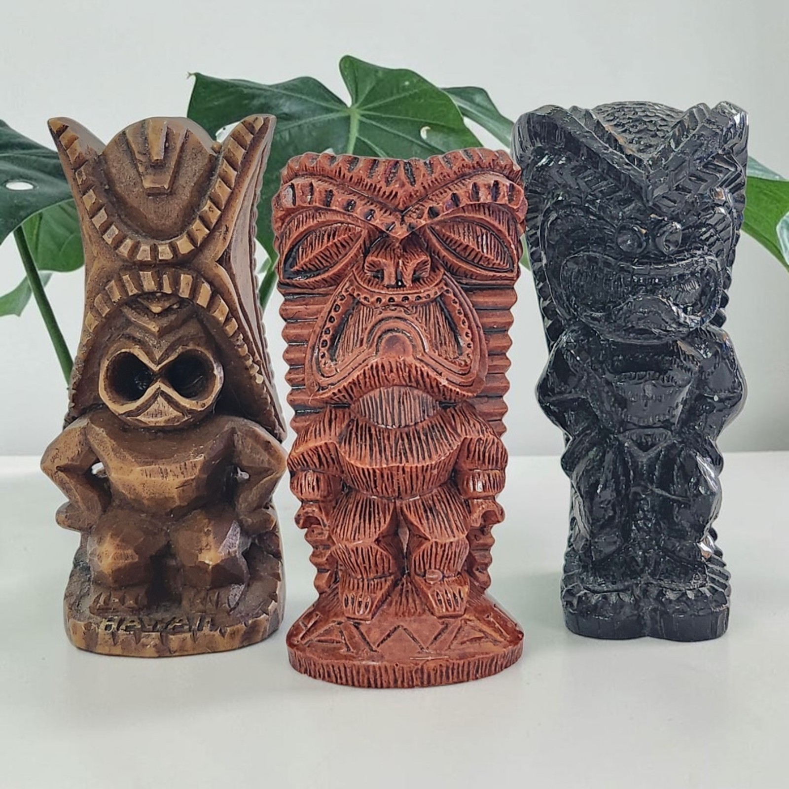 Vtg COCO JOES Lucky Tiki Figures Hawaiian Statue Hapa Wood Pomaikai Set Of 3 EC 