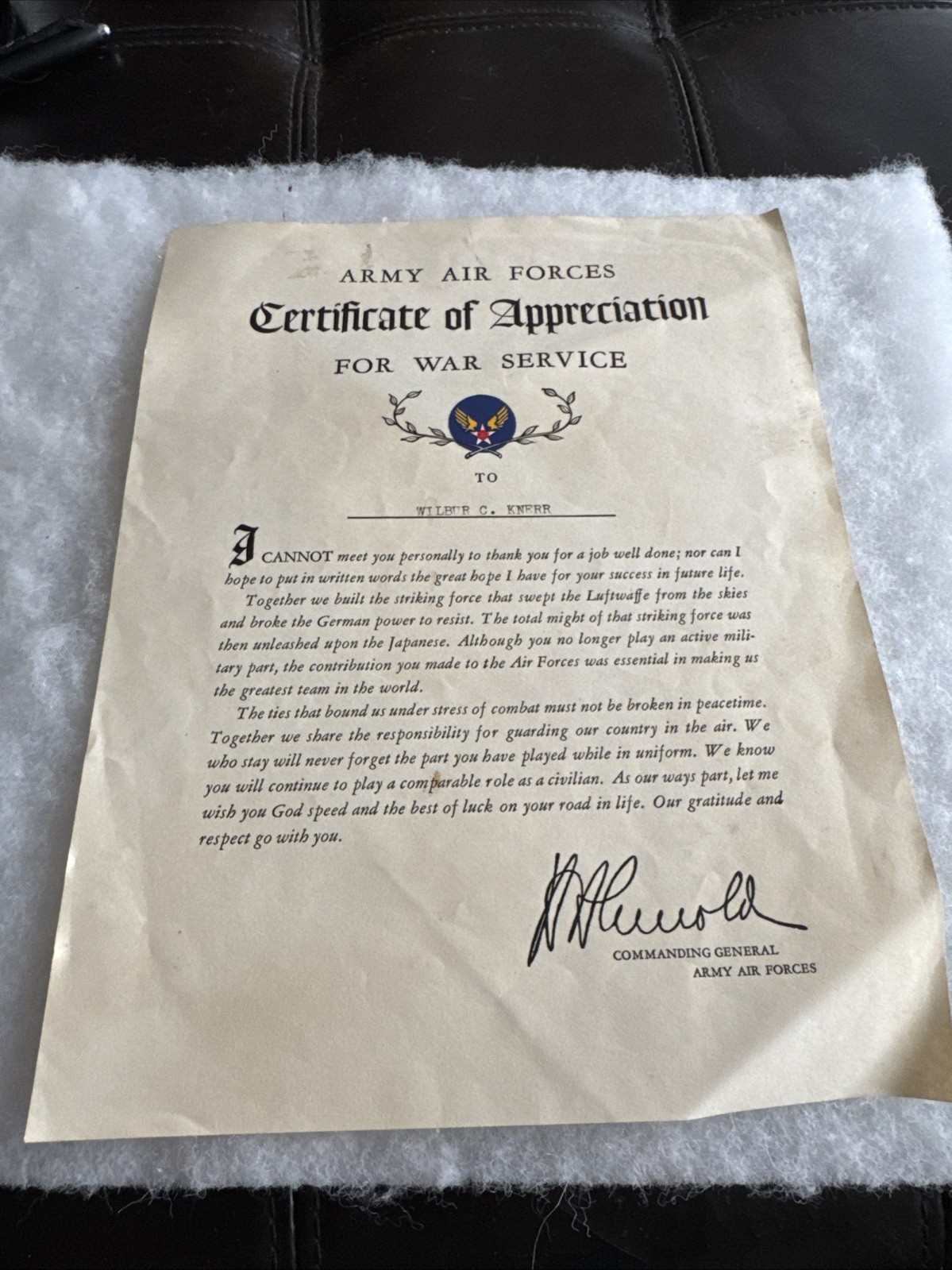 Original WW2 1945 Certificate of Appointment USAAF NAMED “ Wilbur C. Kneer” WWII