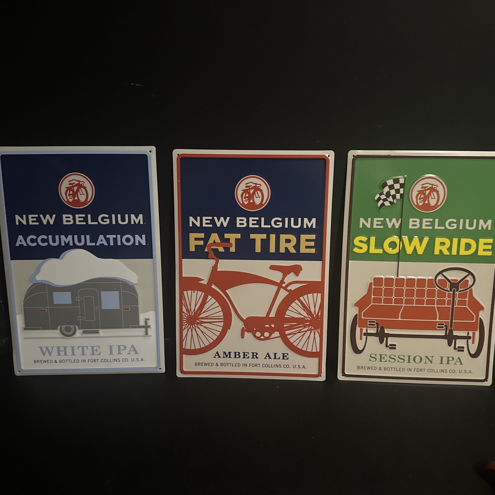 3 New Belgium Brewing Beer Metal/Tin Signs: ACCUMULATION /FAT TIRE/SLOW RIDE  🍻