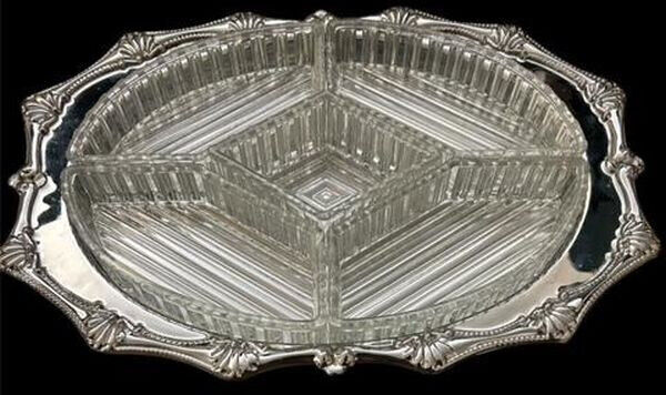 Vintage 1940\'s Chrome Glass Divided Appetizer Relish Tray Hors d\'oeuvre Snack