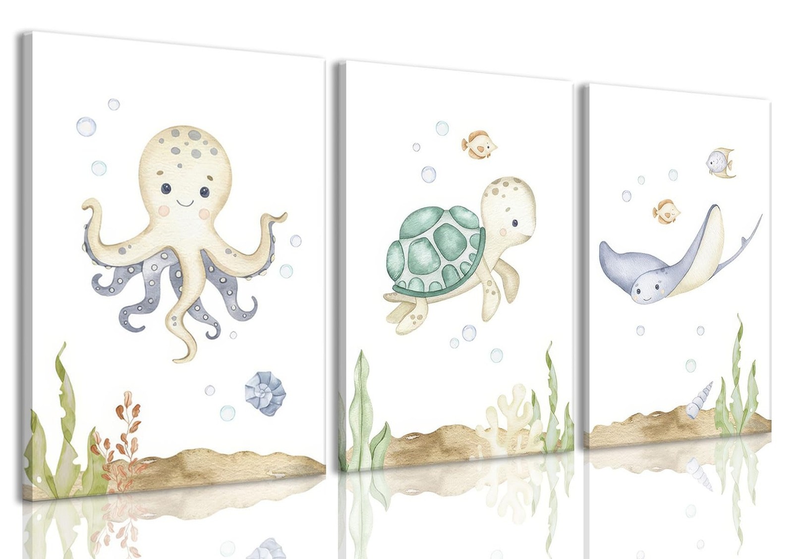 Ocean Nursery Wall Art Set of 3 Sea Animal Baby Boys Room Canvas Prints | Wat...