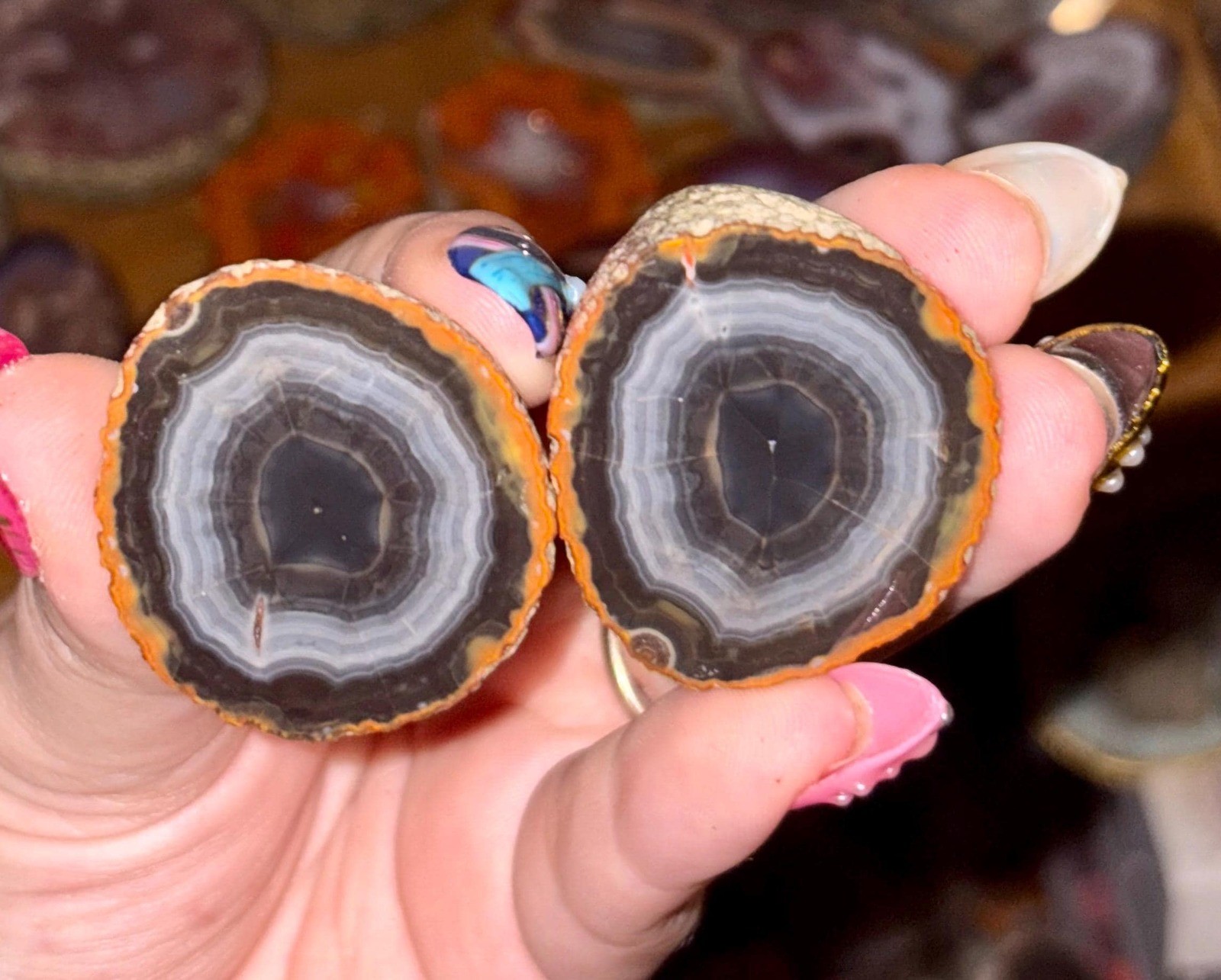 Black, Gray, and Orange Zhanguo Agate Pair  | Warring States Banded Agate