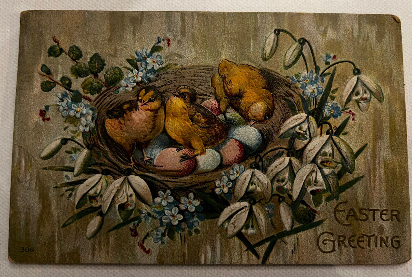 Embossed 1911 Easter Greeting Postcard: Pastels and Cuddly Baby Birds