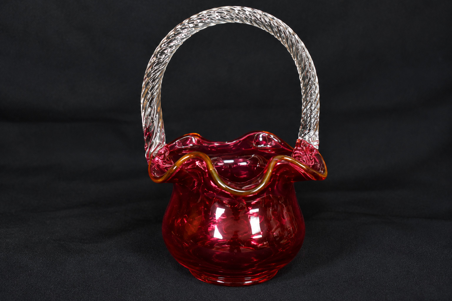 Vintage Fenton Ruby Red Art Glass Basket Clear Twisted Handle Ruffled Rim Vintage Fenton Ruby Red Art Glass Basket Clear Twisted Handle Ruffled Rim