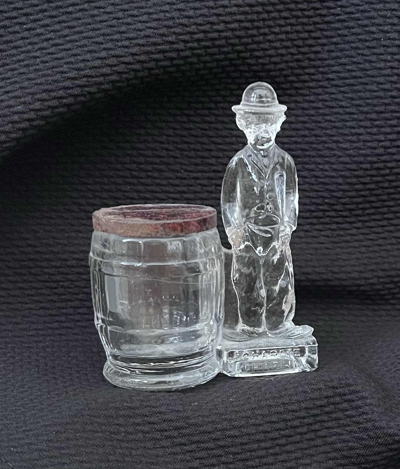 Charlie Chaplin Antique Glass Coin Bank Candy Toothpick Holder 1920s 1910s Lid