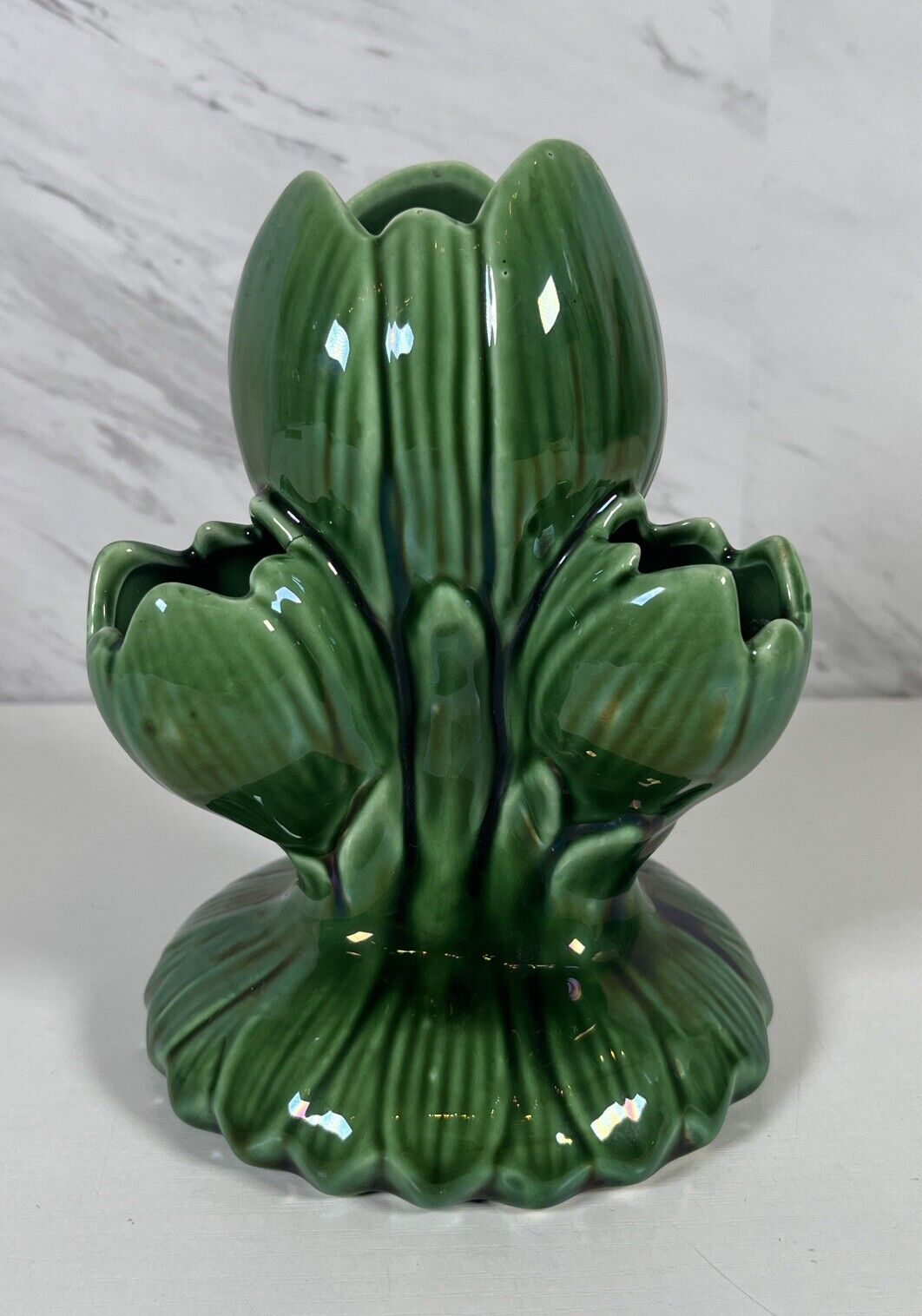 Camark 228 USA Vintage Green Ceramic 4-Bud Tulip Vase