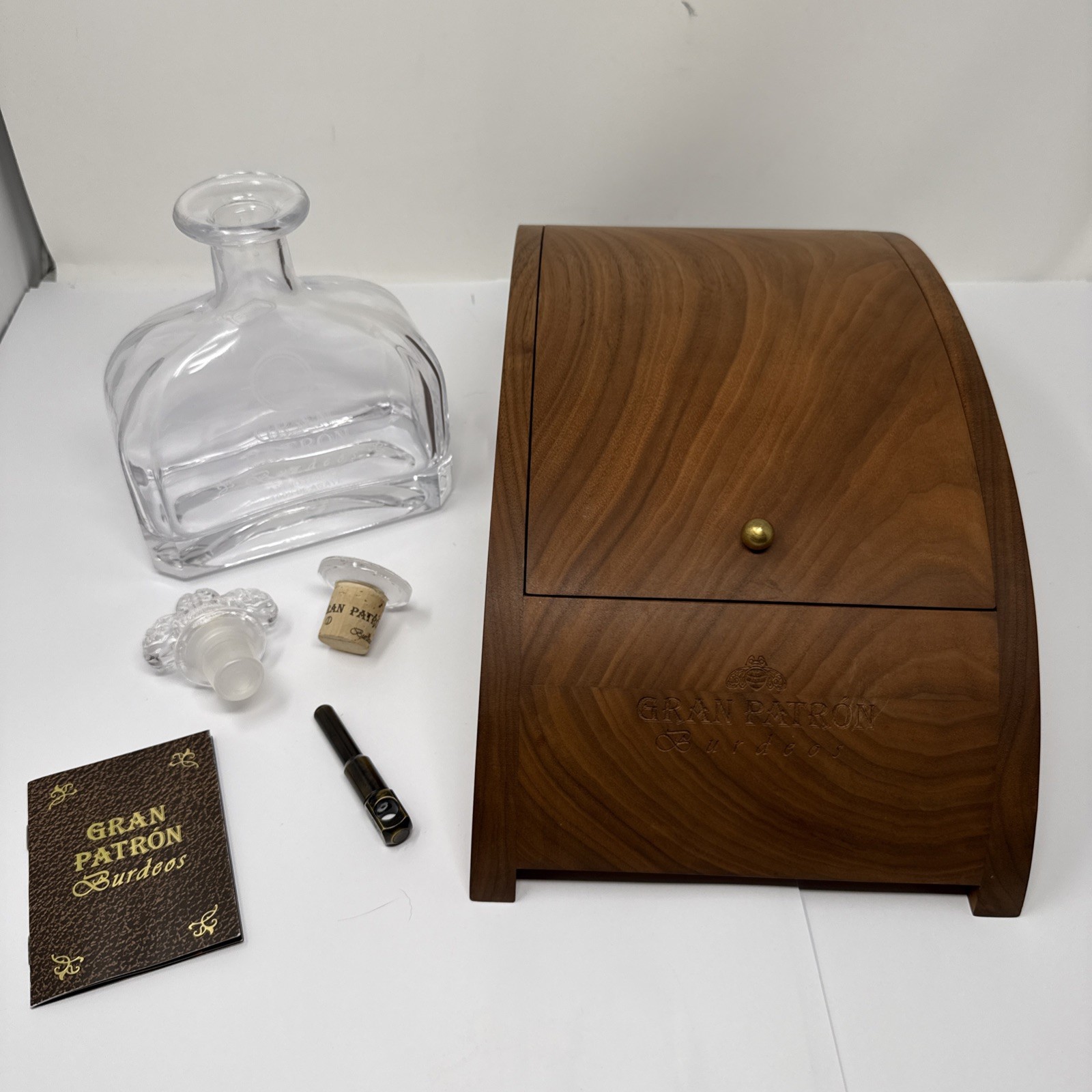 EMPTY Gran Patron Burdeos Tequila Wooden Box & Bottle, Stoppers Display Only