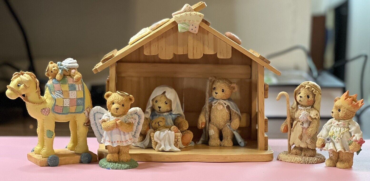 Vintage 1992 Cherished Teddies Nativity Wood Creche 6 Figures Christmas