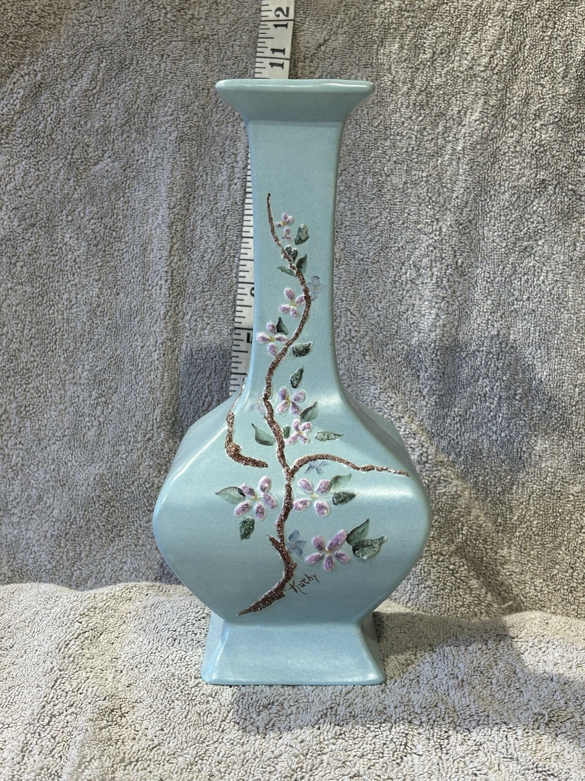 Vintage  medium light blue ceramic or porcelain vase Hand Painted And Signed