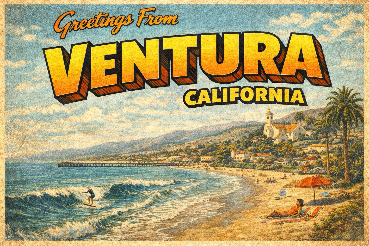 Greetings from VENTURA, CALIFORNIA Modern Vintage Postcard D286