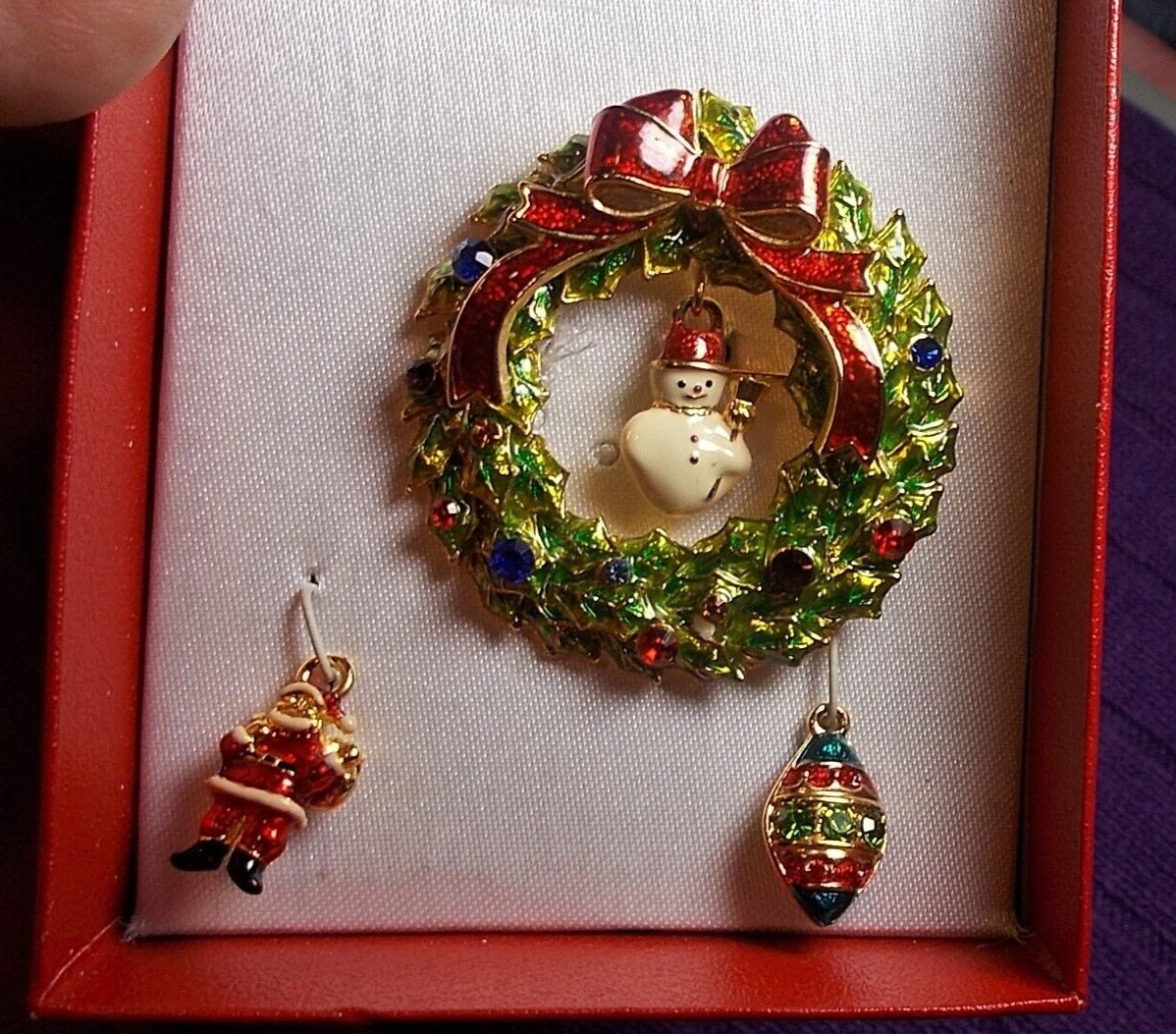 RADKO Christmas Brooch, Earrings Enameled Rhinestone Shimmers, w/ Dangles. NIB