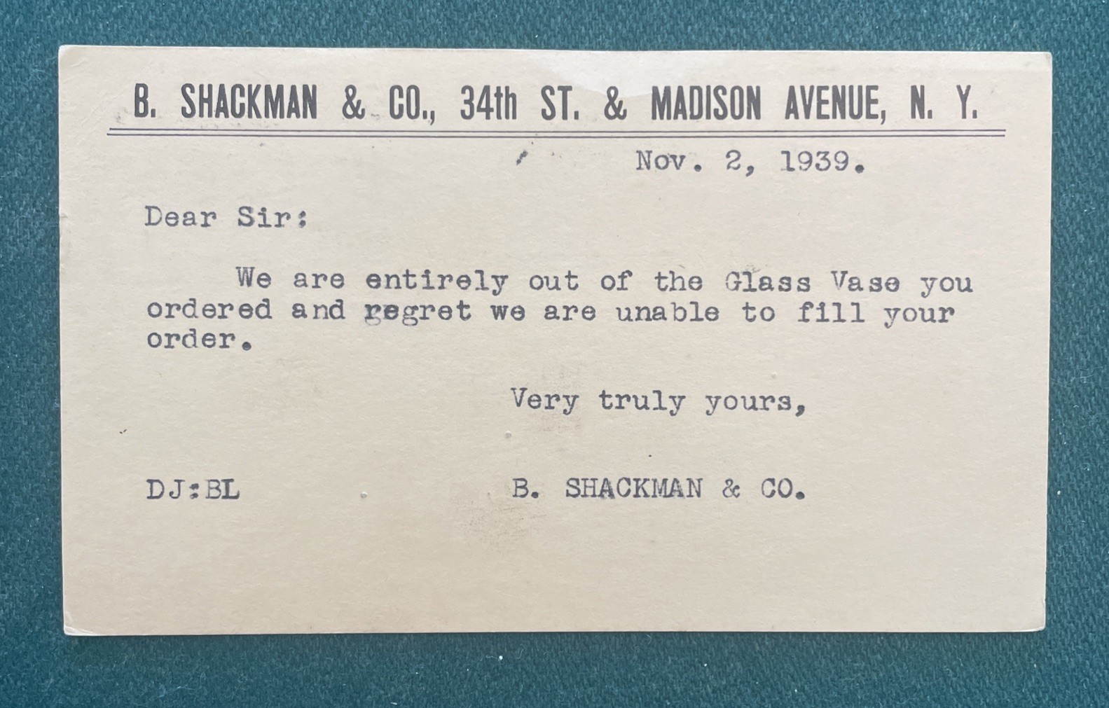 1939 Postcard B Shackman & Co 34th & Madison Avenue New York NY