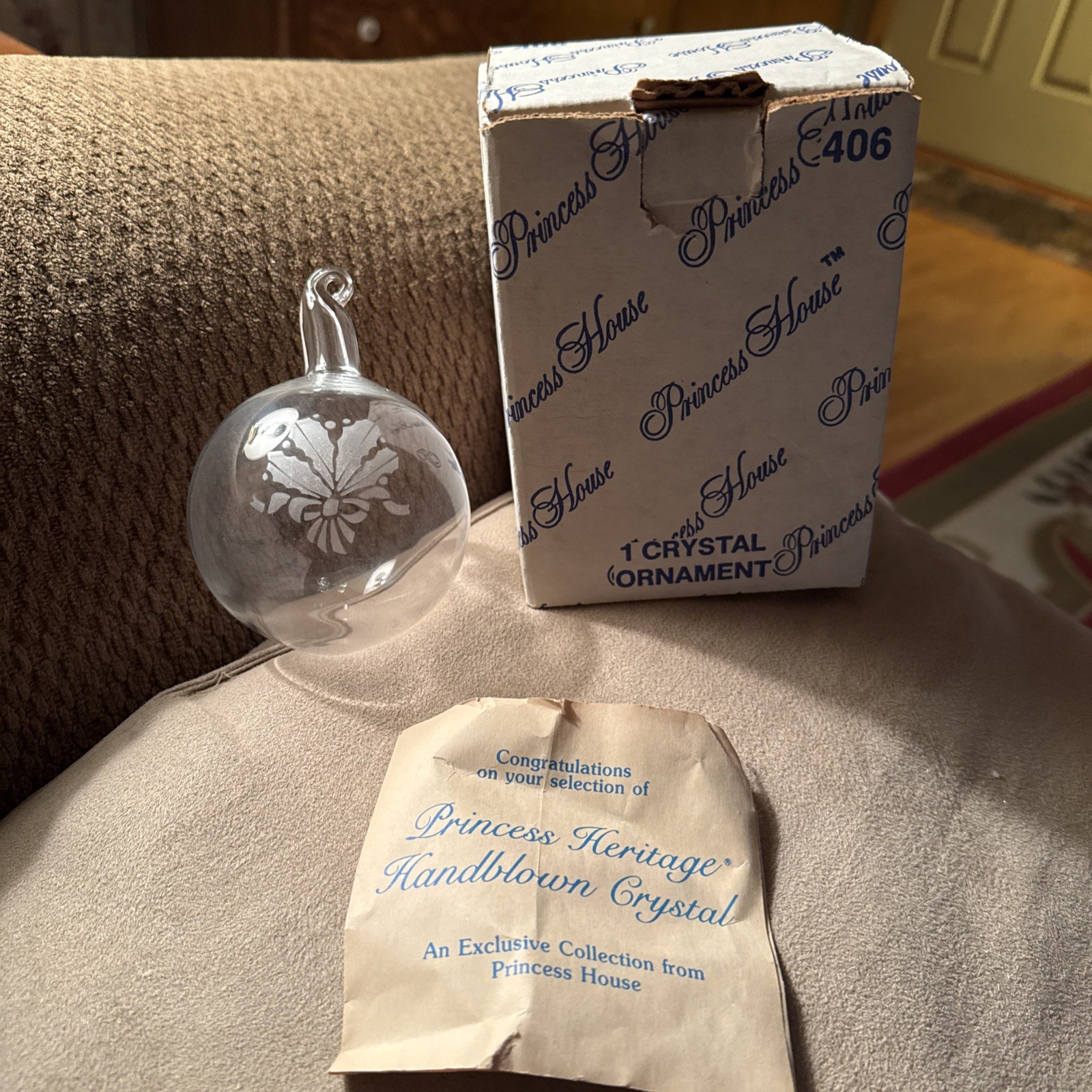 #406 Princess House Heritage Handblown Crystal Christmas Ornament Etched Ribbon