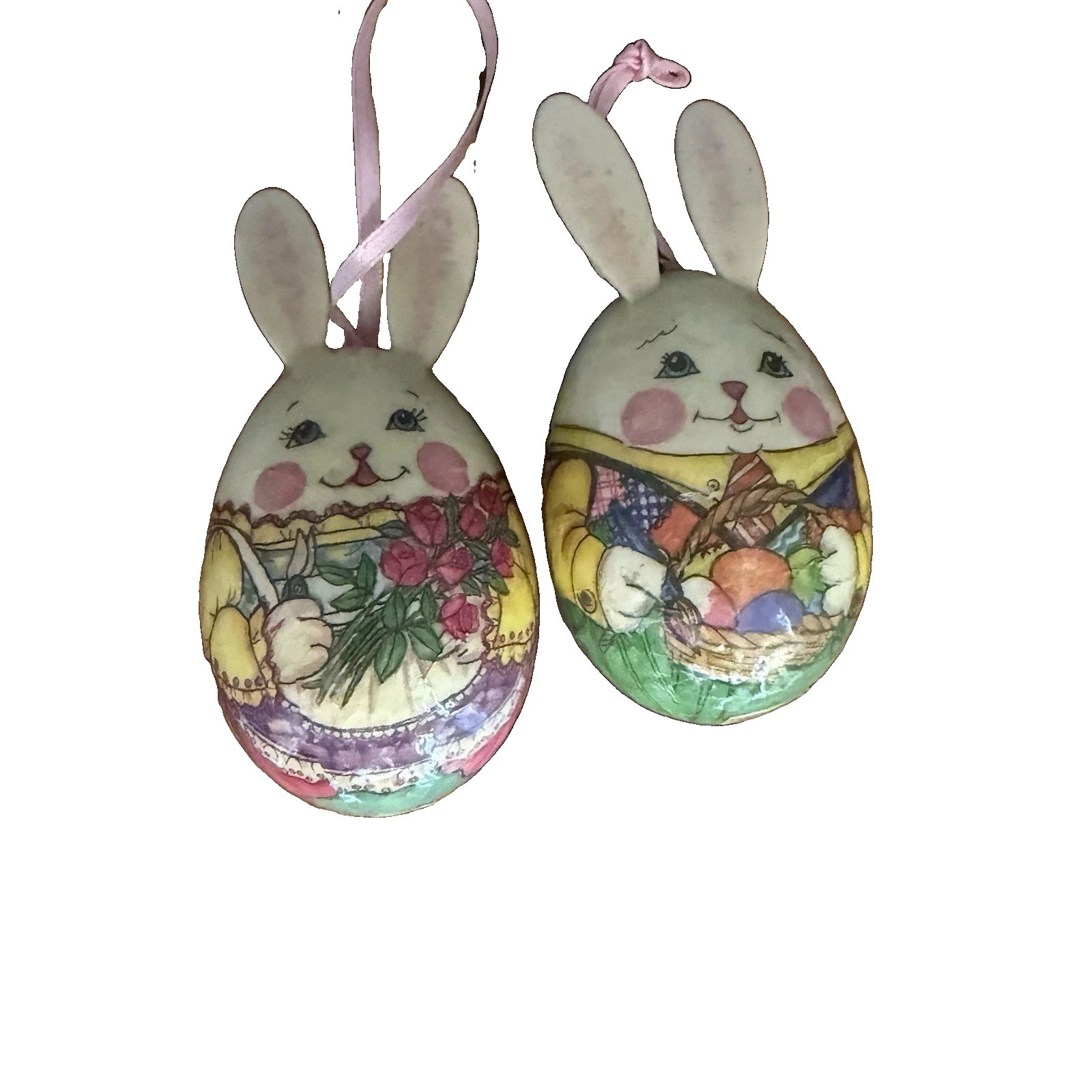 Paper Mache Easter Egg Hanging Easter Eggs Adorable Set 2 Egg Rare Vintage Bunny