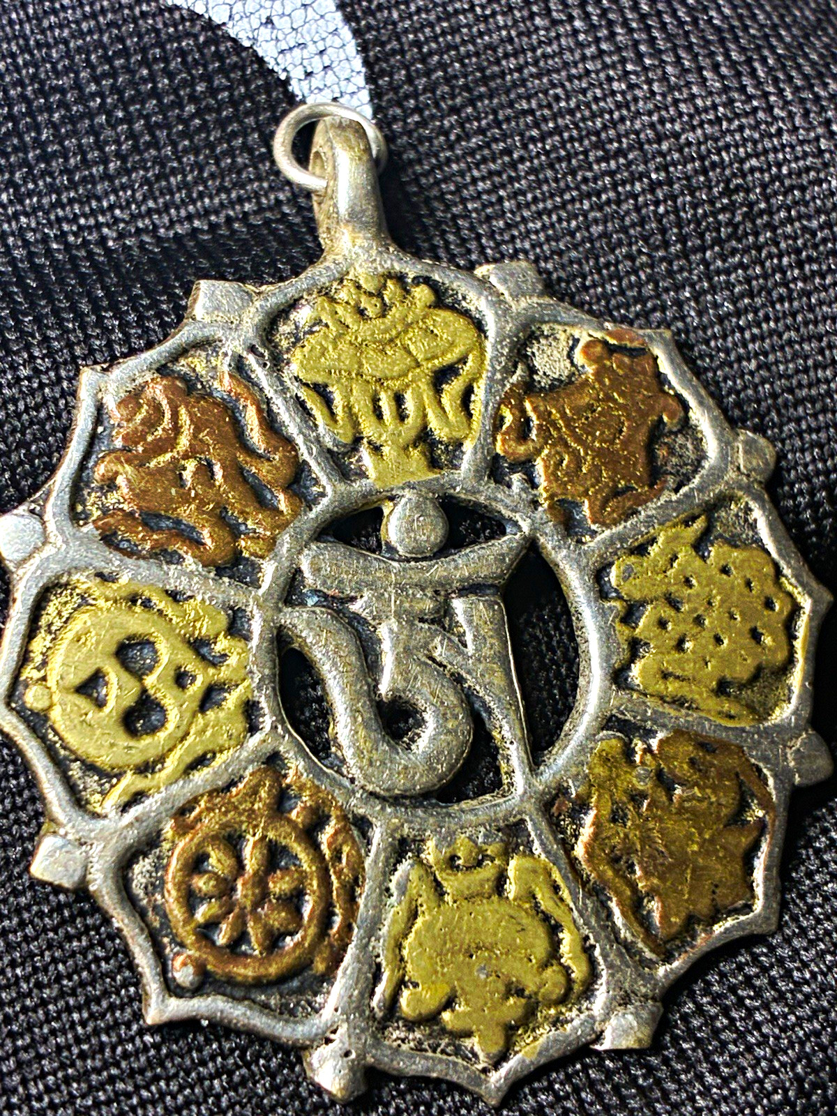 Handmade Metal Buddhist Om Lotus Mandala Pendant Amulet Two-Tone Silver/Gold