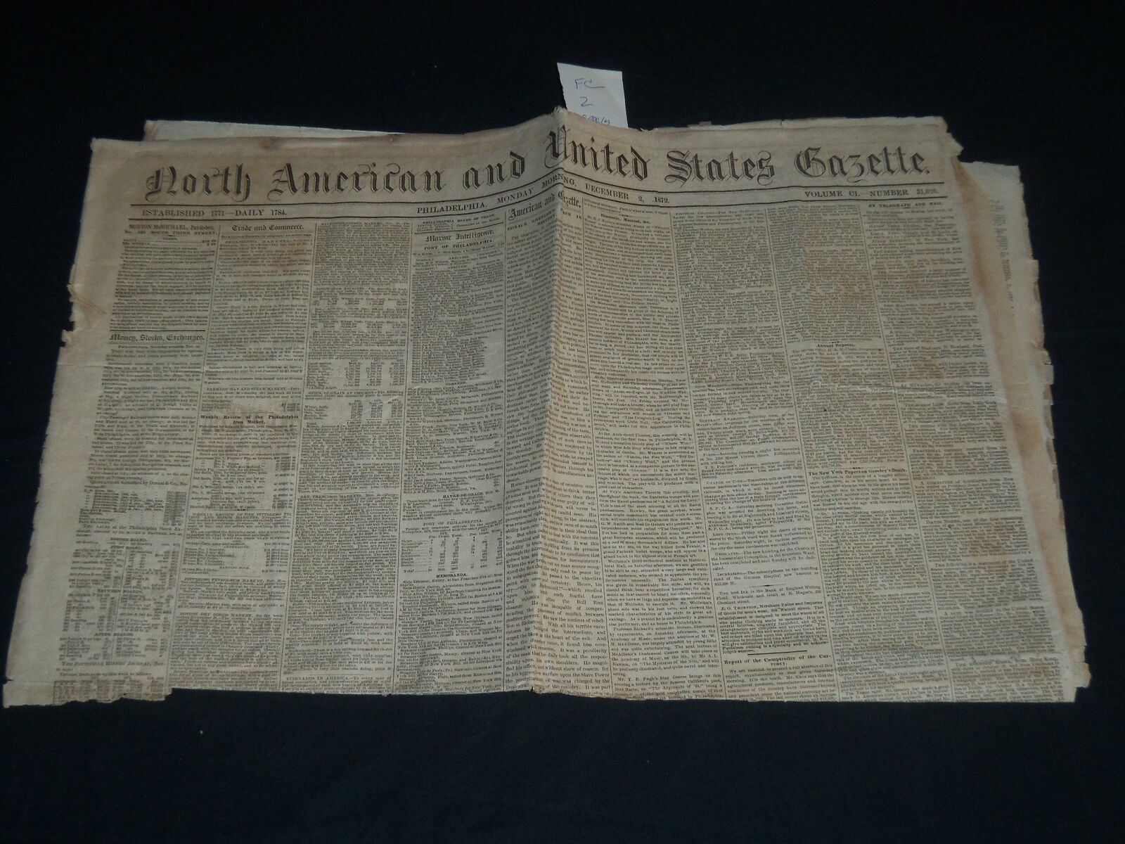 1872 DEC 2 NORTH AMERICAN & UNITED STATES GAZETTE NEWSPAPER - GREELEY - NP 4180
