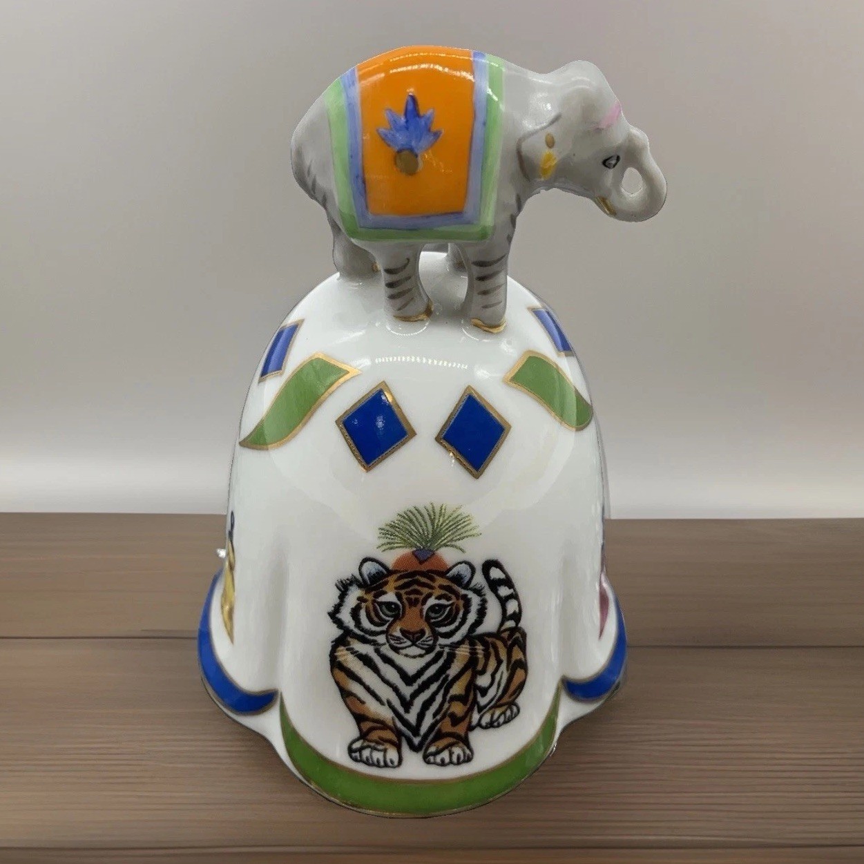 Lynn Chase Tiger Raj Porcelain Dinner Bell Elephant Handle HTF Vintage 1991