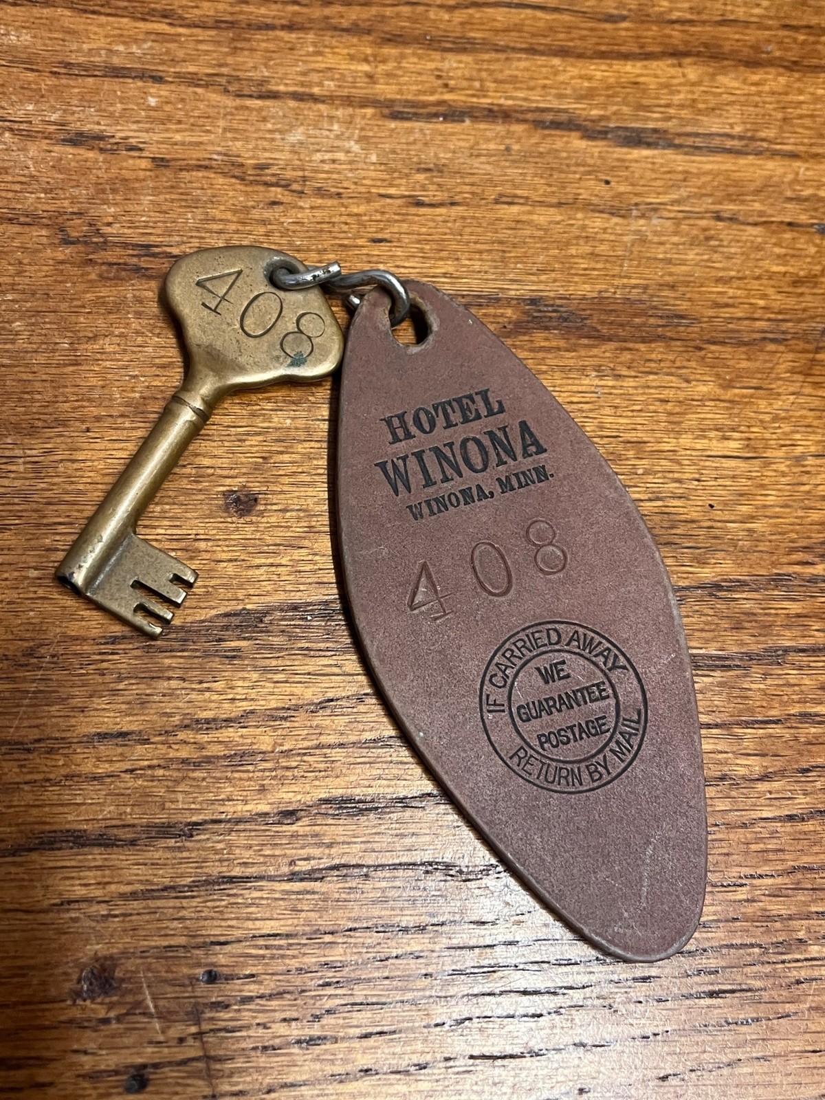 Vintage Hotel Winona Minnesota Skeleton Brass Key and Wood Fob Room 408 Rare