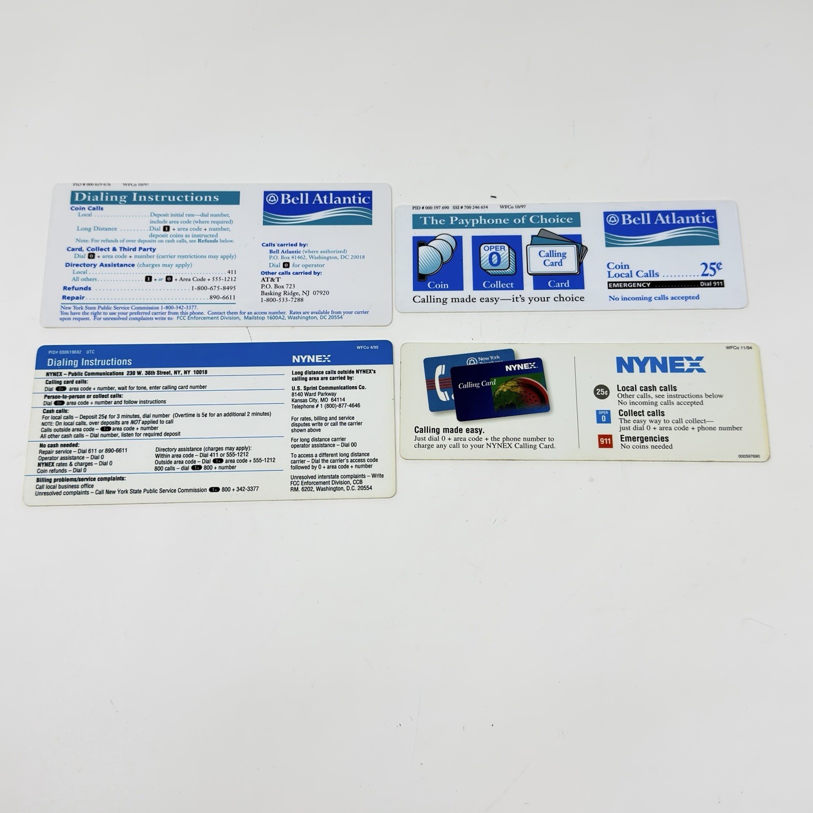 Vintage NYNEX Bell Atlantic Dialing Instructions Cards Lot Of 4