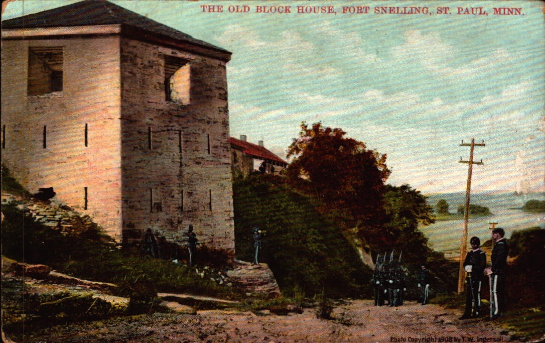 Antique Postcard The Old Block House Fort Snelling & Troops In Blue St. Paul MN