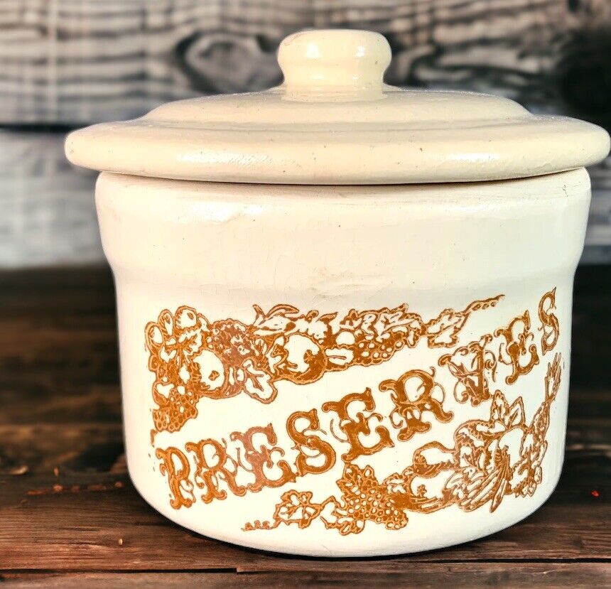 Vintage Stoneware Preserves Crock Beige Canister Jar with Lid 4.5” in Tall