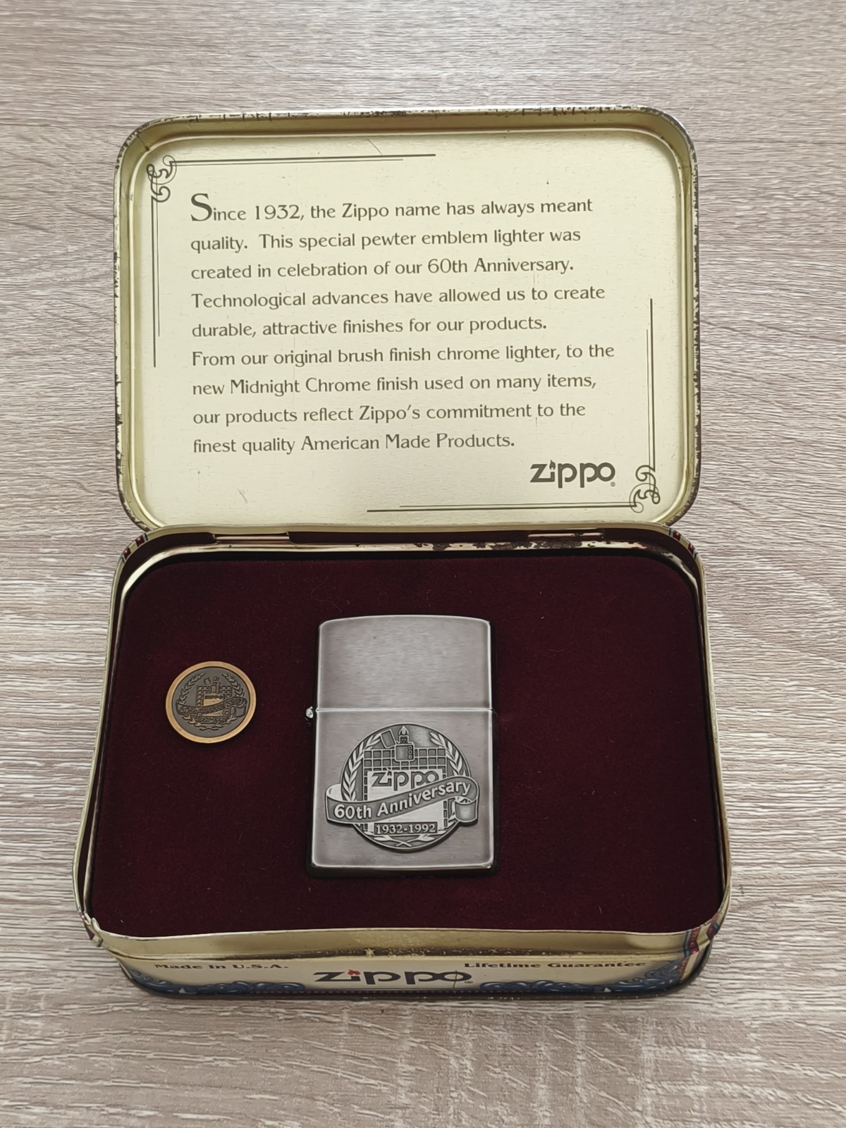 Zippo 60th Anniversary January 1992, Complete Box Set with Collector\'s Pin 