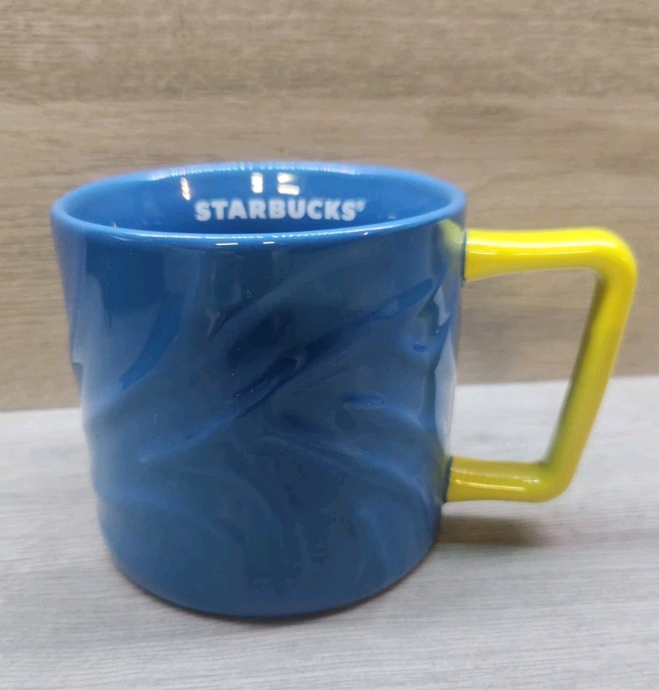 Starbucks 2021 Textured Blue Zebra Glazed Ceramic Mug Cup w/ Yellow Handle NEW