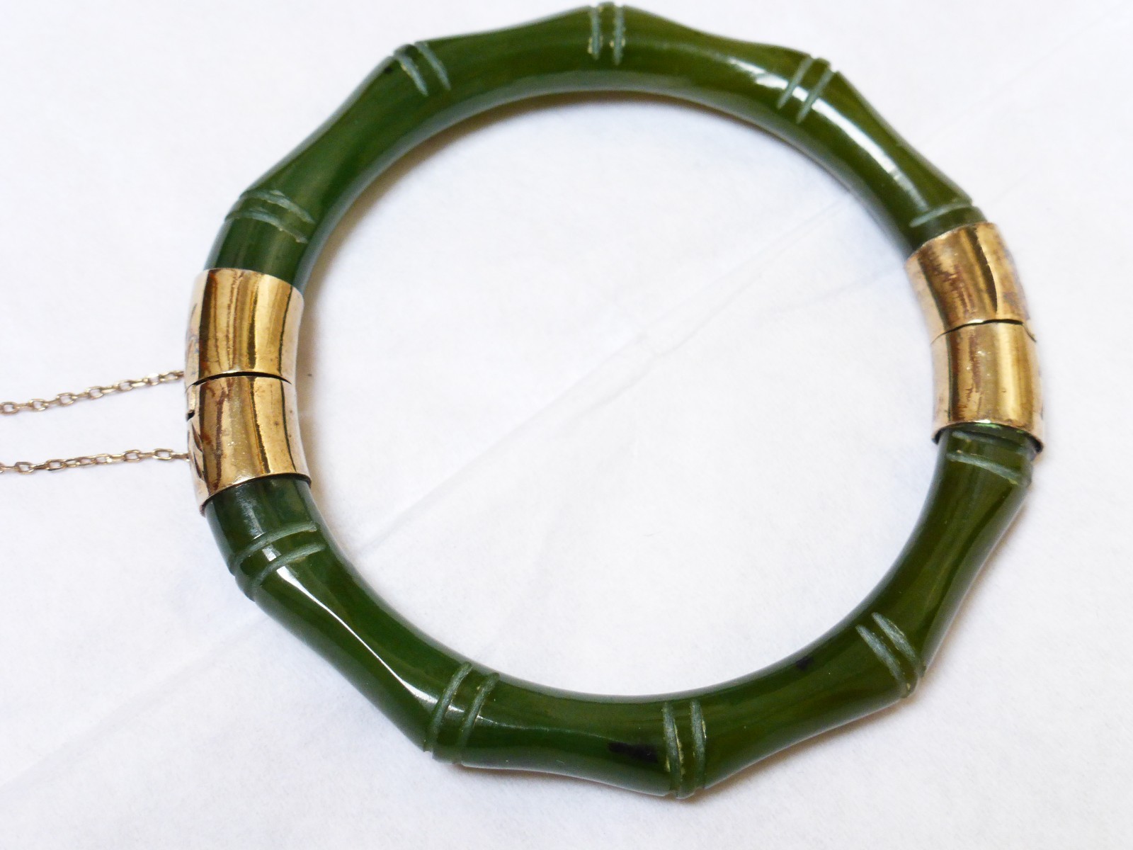 CHINESE VINTAGE STERLING SILVER NATURAL Carved JADE BANGLE, 35 GRAMS
