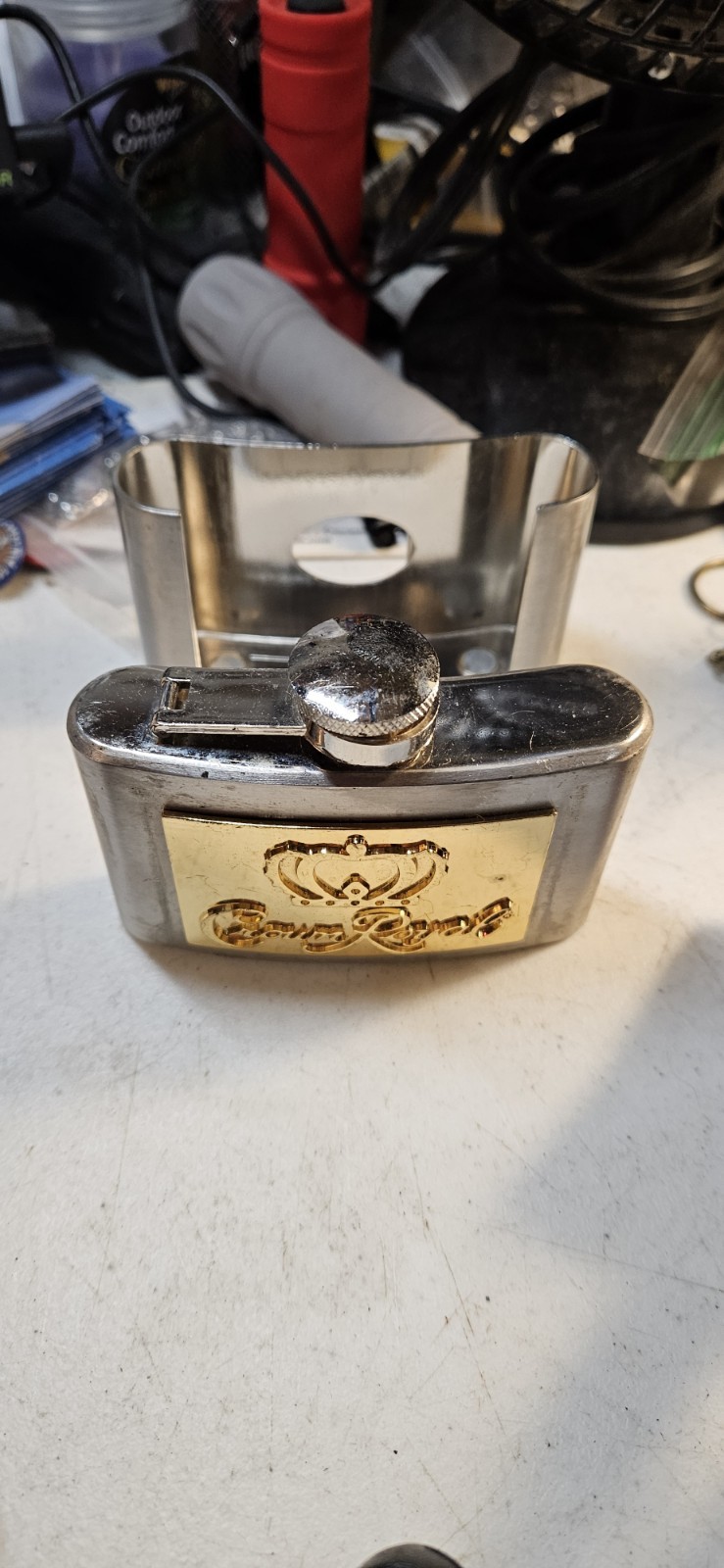 RARE Crown Royal Stainless Steel Belt Buckle Whiskey Flask