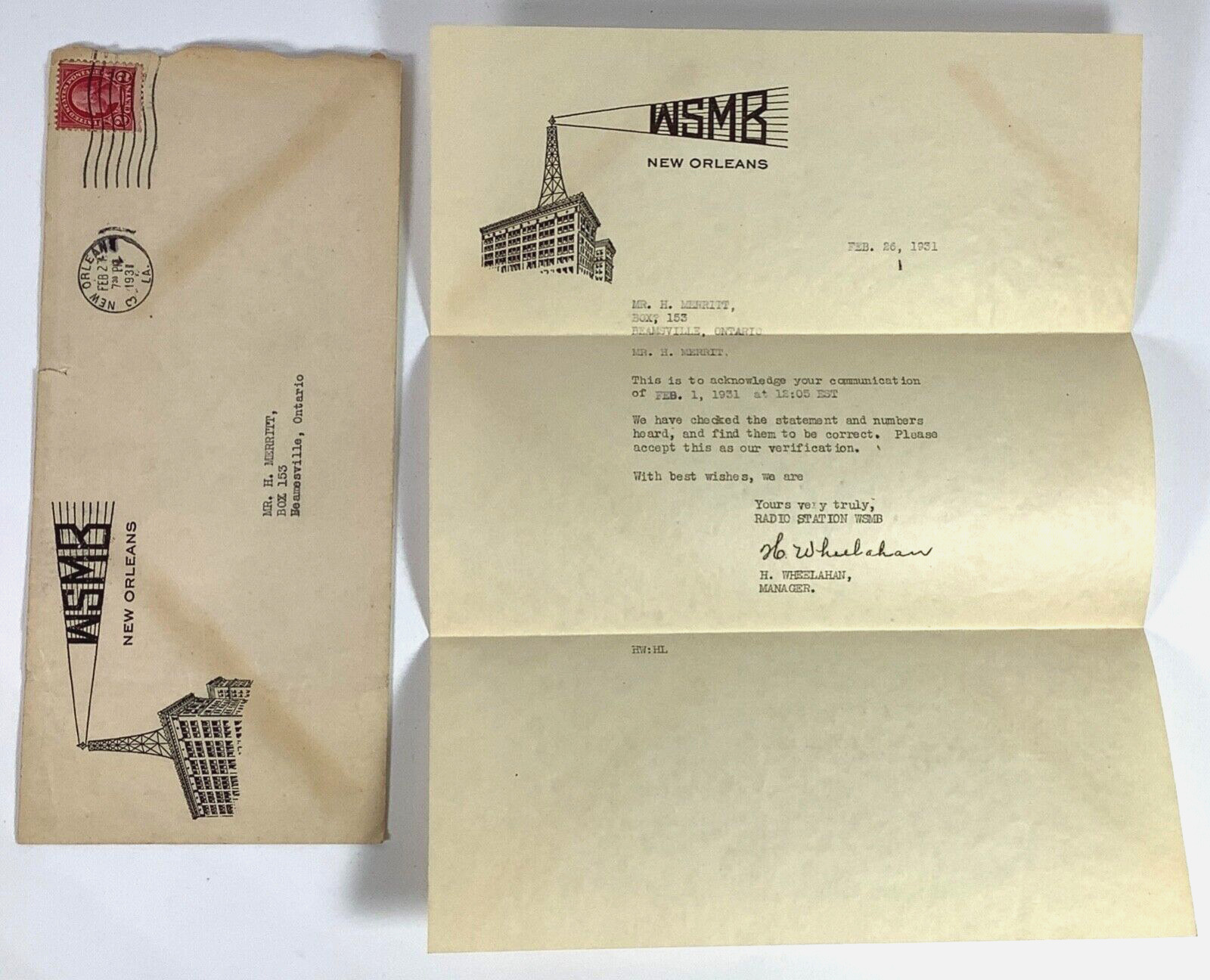 1931 Radio Station WSMB New Orleans Signed Mailed Letter with Stamped Envelope