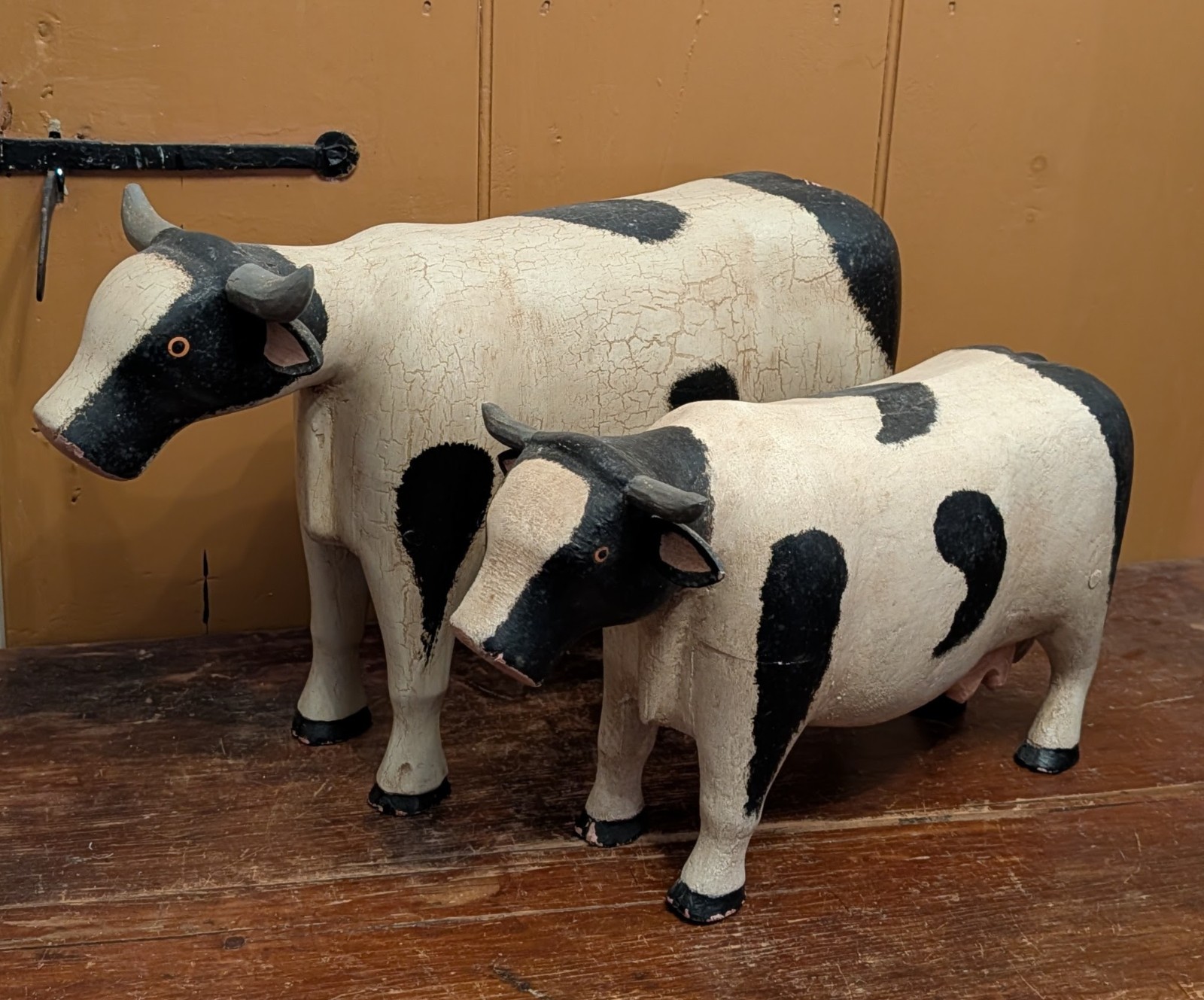 VTG Hand-Carved Wooden Holstein Cow & Calf Folk Art Figures - Matched Pair