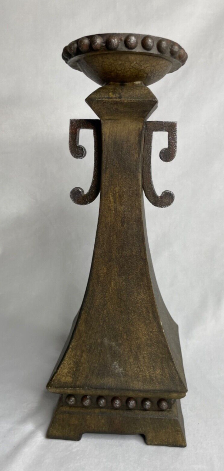 Wood Candleholder Tall  with Metal Decorations 14” Tall