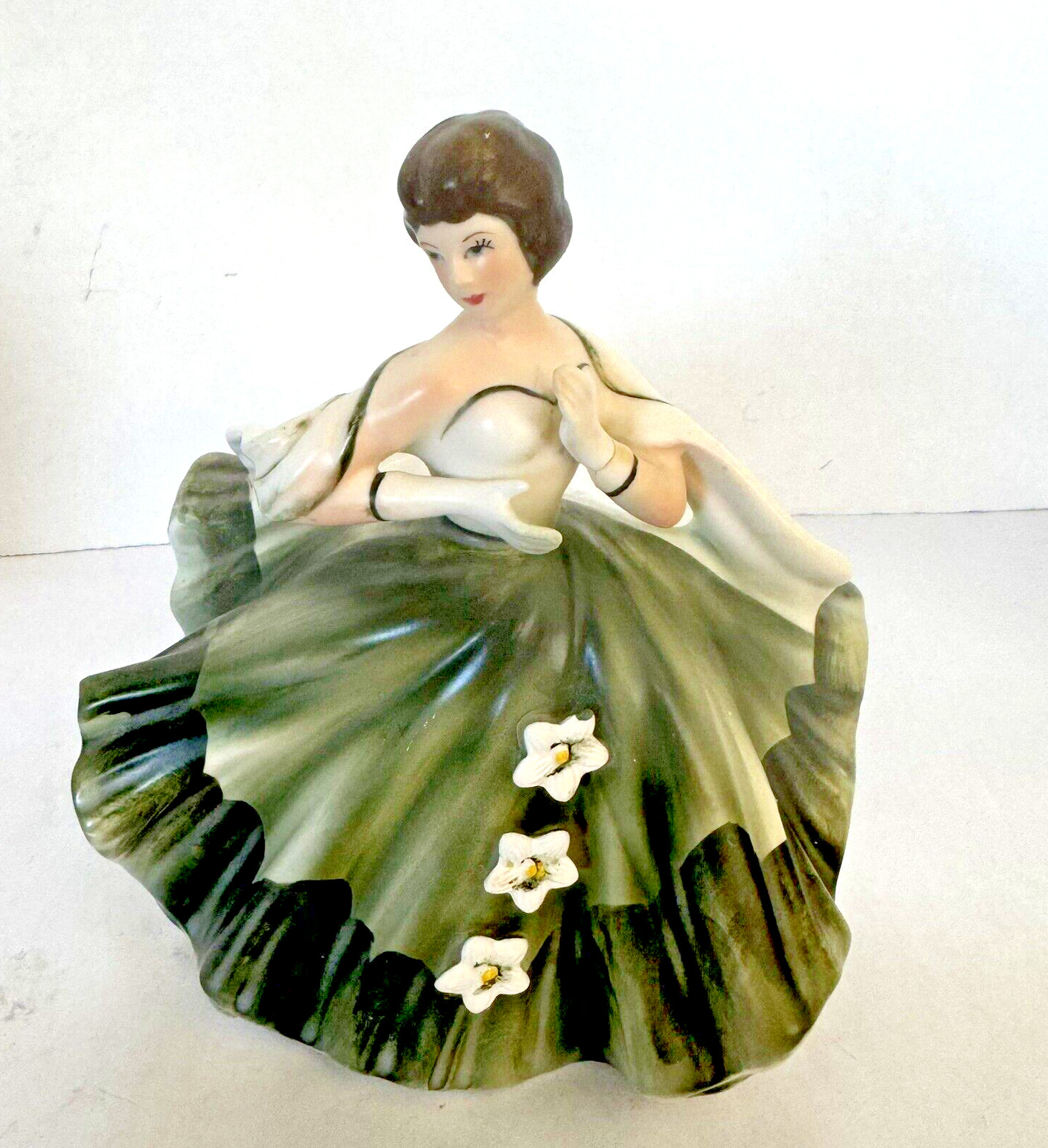 VTG Lefton Lady In Green Dress W/Shawl Planter/Vase 1337B  Repair Y171