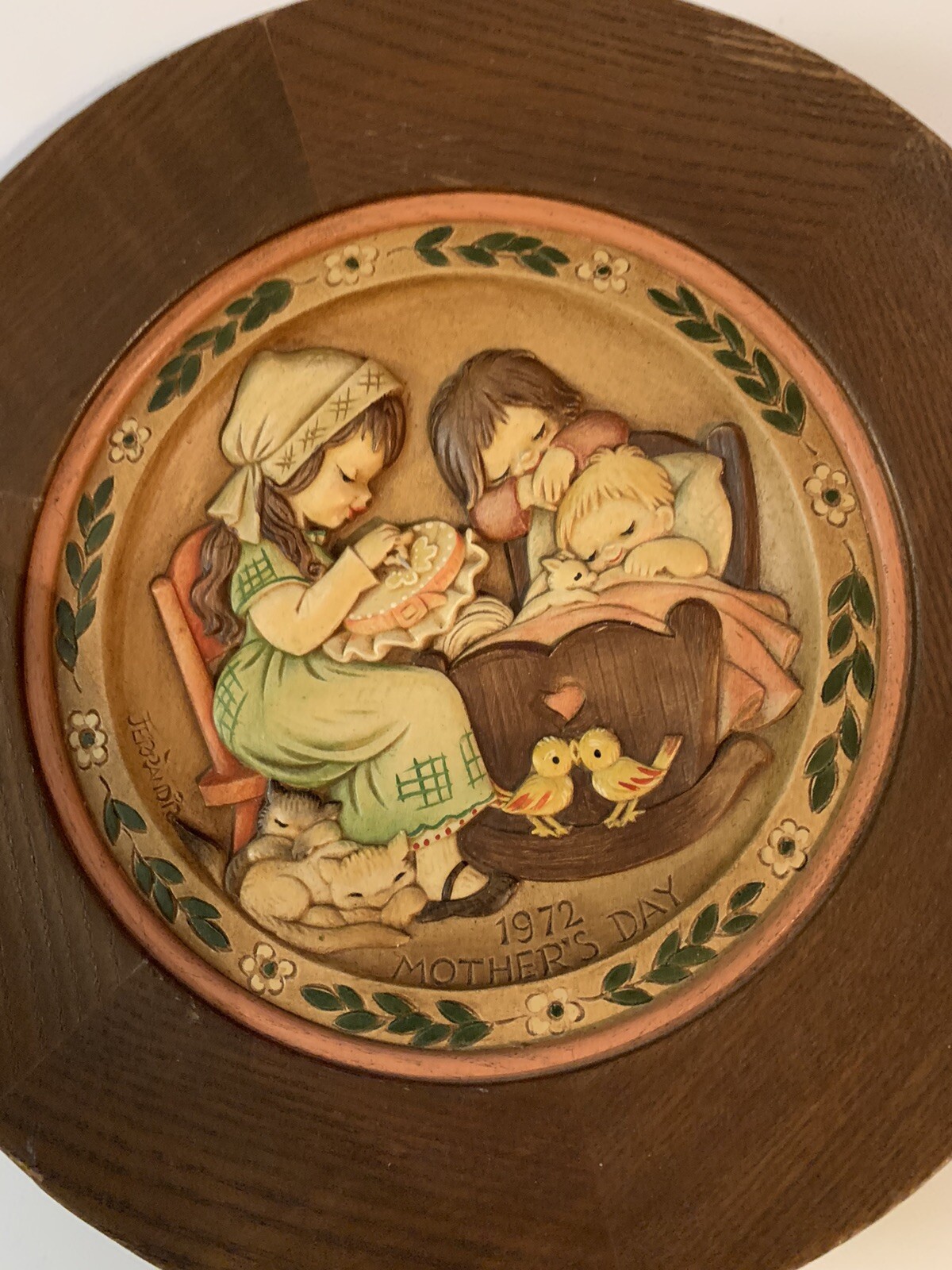 Vintage Anri Mothers Day 1972 Wooden Hand Carved Collectible Plate Cats...