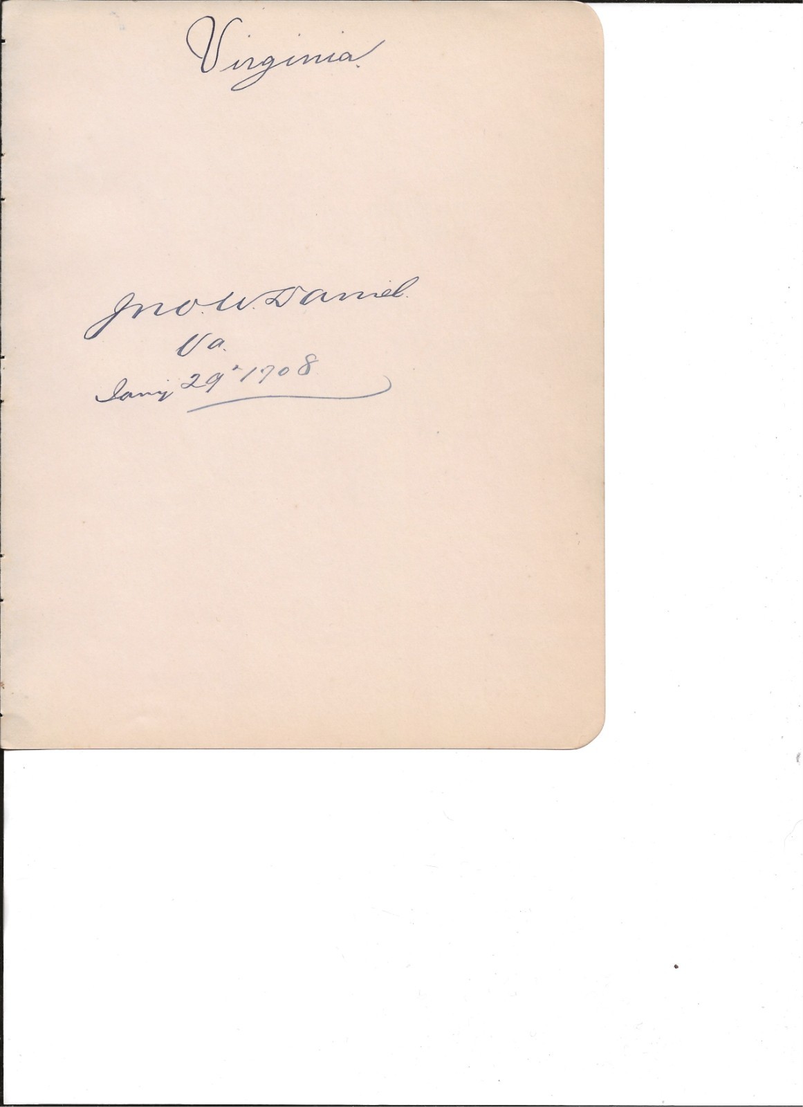 John W. Daniel autograph 6 1/2 x8 album page 1908 as Senator Virginia-CSA Major
