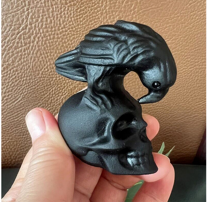 TOP  Natural Obsidian Hand Carved Crow Skull Crystal Quartz Reiki Healing 1PC