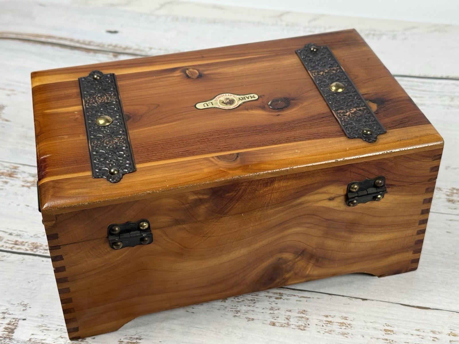 J. C. Penney Cedar Jewelry Trinket Box Handmade Metal Hinged Lid Straps J. C. Penney Cedar Jewelry Trinket Box Handmade Metal Hinged Lid Straps