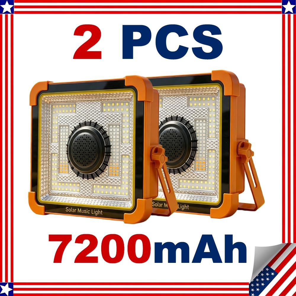 2Pc 7200mAh Solar Work Light with Speaker, Portable LED Flood Light for Camping 2Pc 7200mAh Solar Work Light with Speaker, Portable LED Flood Light for Camping