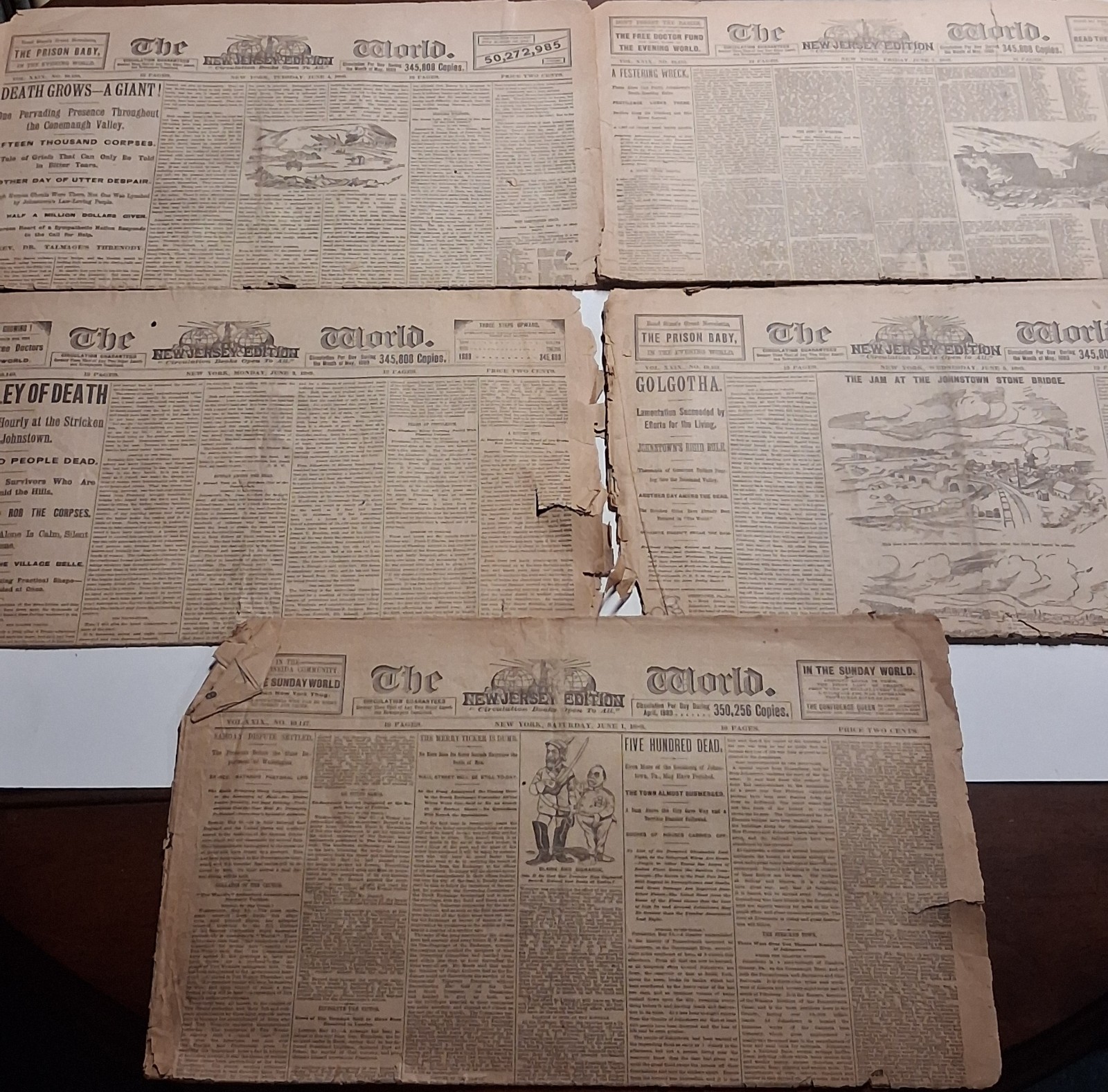 1889 JOHNSTOWN FLOOD LOT 5 NEWSPAPERS The World NJ EDITION June 1, 3, 4, 5 & 7th