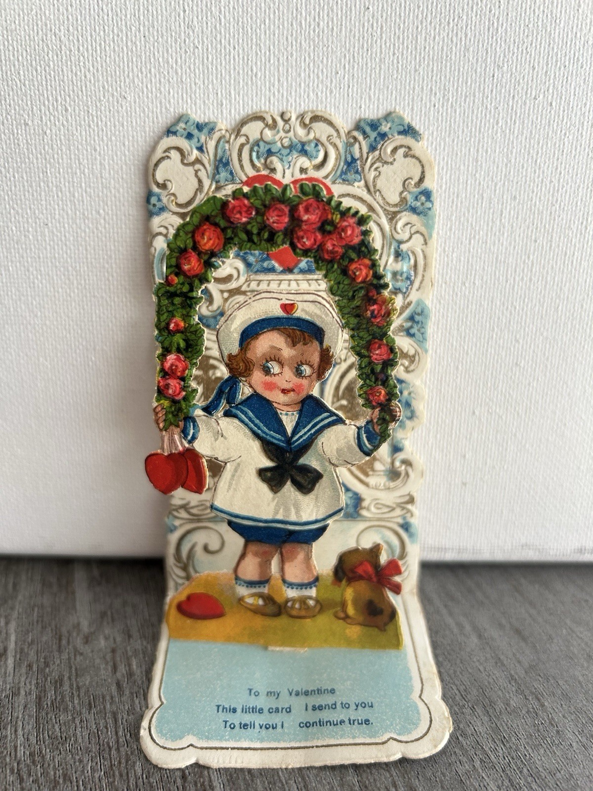 Antique 1920s German Pop Up Valentine Card Sailor Boy Rose Garland Poem Die Cut
