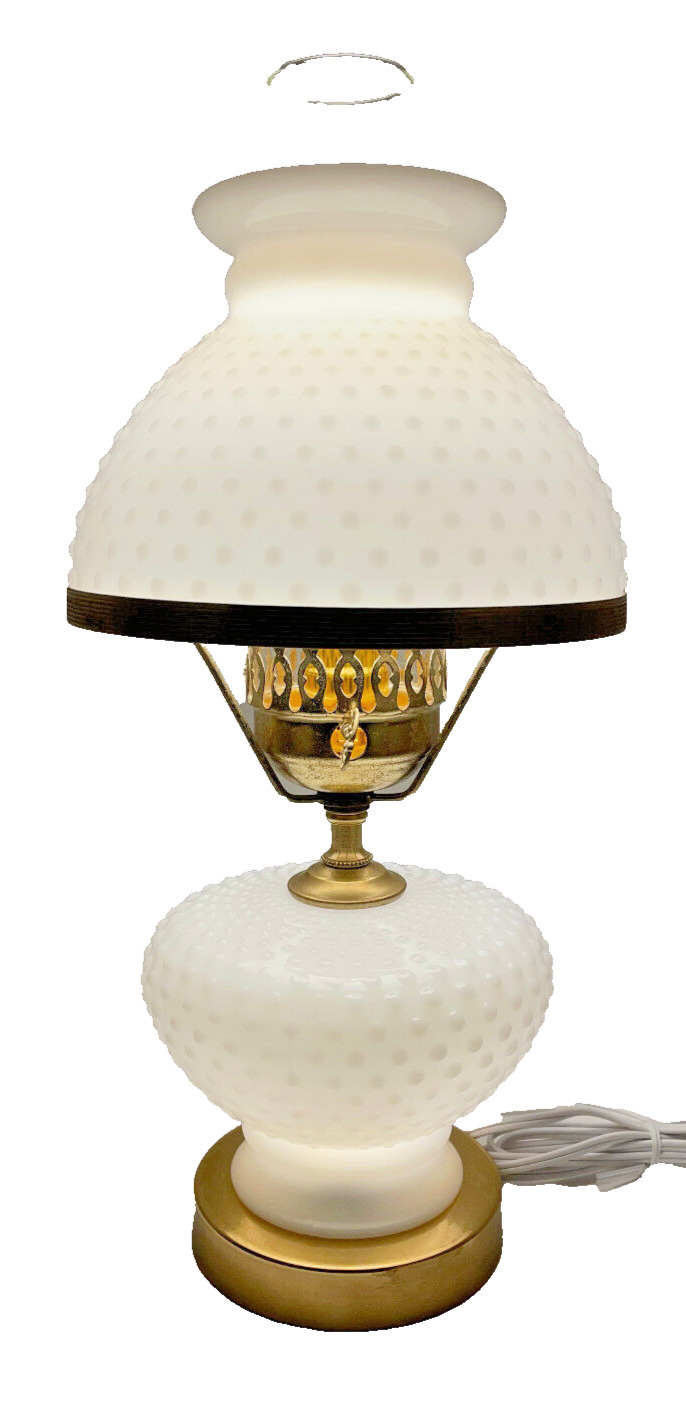 Milk Glass Hobnail Table Lamp 2 Circuit White Brass 17 1/2” Vintage Mid-Century