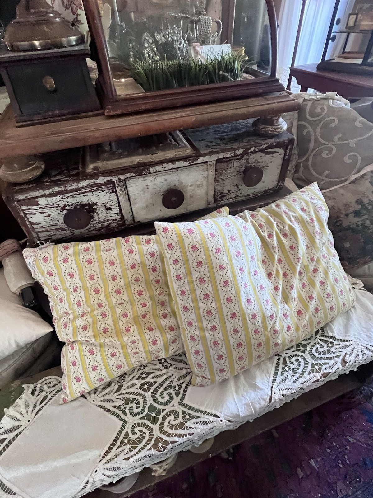 Rare Antique Vintage 1940's Feather Ticking Pillow Pair Shabby Chic Farmhouse