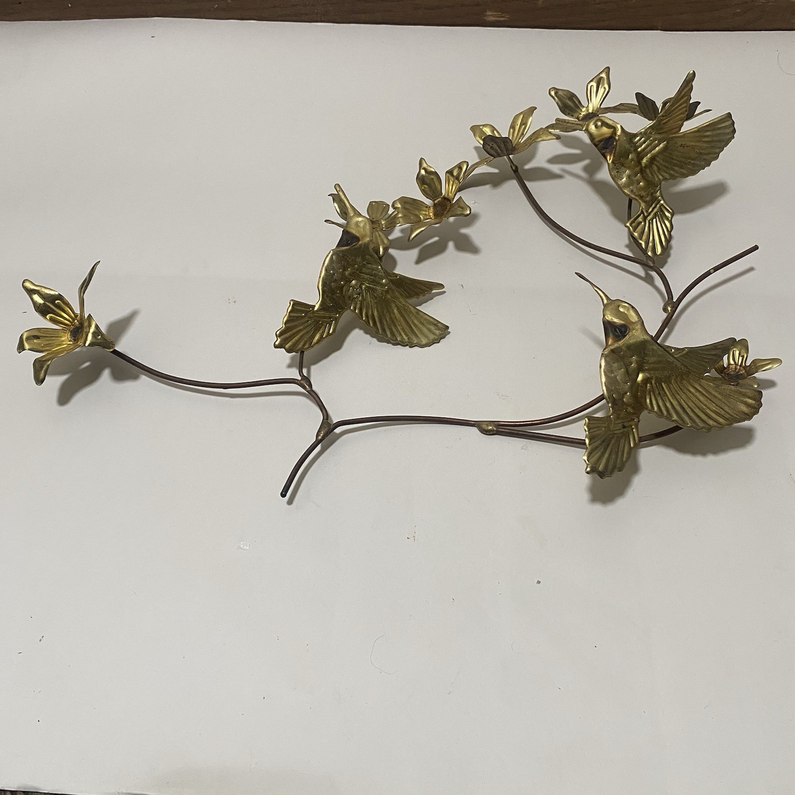 Vintage Brass Hummingbirds Flowers Wall Sculpture 3 Birds MCM