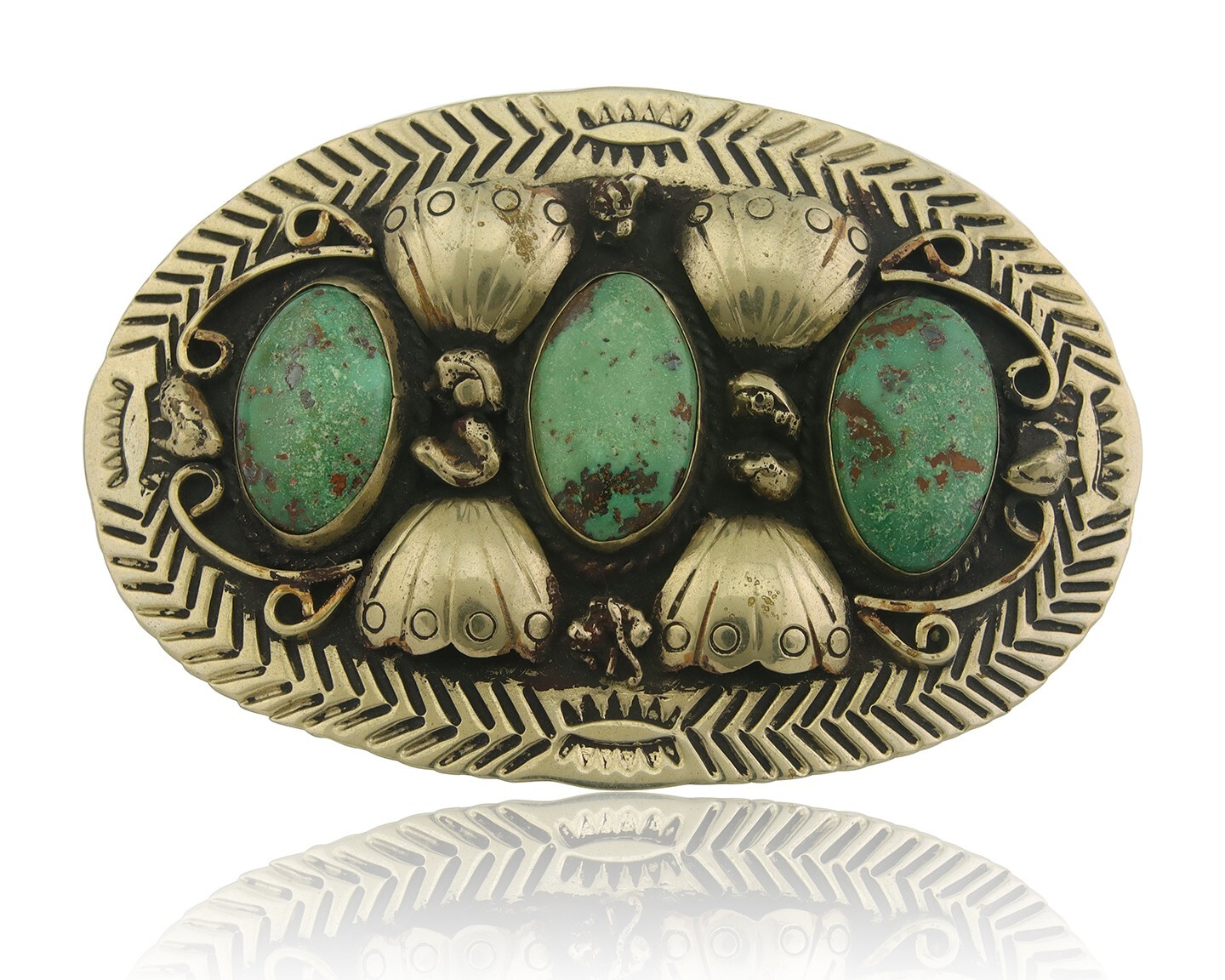 Navajo Belt Buckle .999 Nickel Turquoise Handmade Native Artist 2.1x3.0 C.1980's