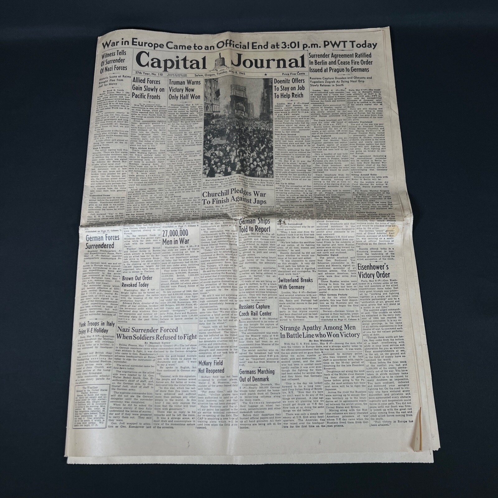1945 may 8 “War in Europe Came to an Official End at 3:01 p.m. newspaper vintage