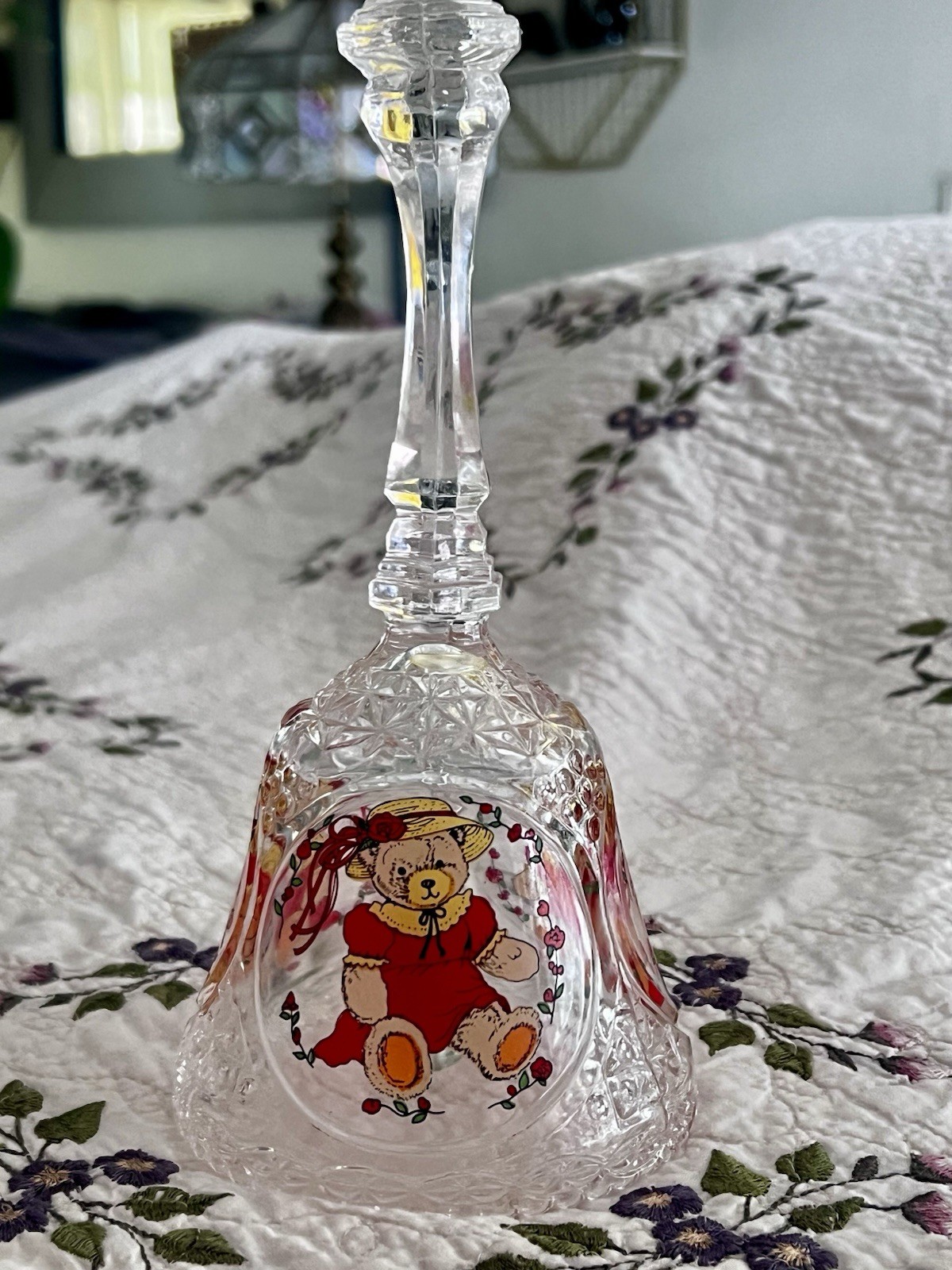 Vintage Large Nanco Lead Crystal Teddy Bear Bell 8” Cut Glass Cottagecore Decor