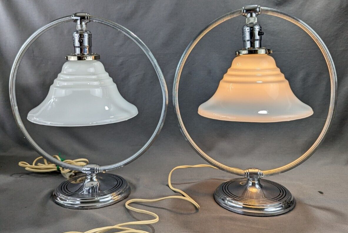 Vintage PAIR Chrome Chase Art Deco Table Lamps Cased Glass Shades Working
